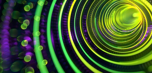 Wall Mural - neon green and violet concentric circles, bokeh effects on purple to black gradient background