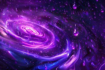 Wall Mural - Dynamic swirl of neon purple with floating raindrops and scattering of sparkles against dark backdrop