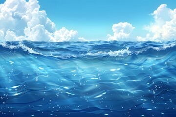 Wall Mural - calm ocean surface with gentle waves, fluffy white clouds and clear blue sky background