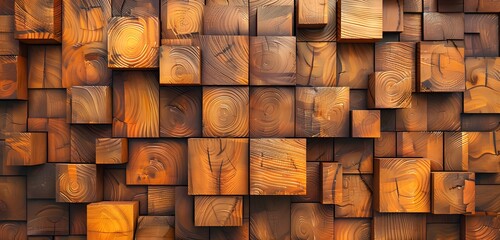 Wooden blocks showing deep golden brown colors and detailed textures, growth rings and natural wood fissures