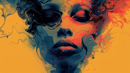 Wall Mural - a woman's face with a lot of smoke coming out of her eyes and a yellow background