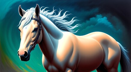 Wall Mural - a white horse with a long mane standing in a field of grass and clouds in the background