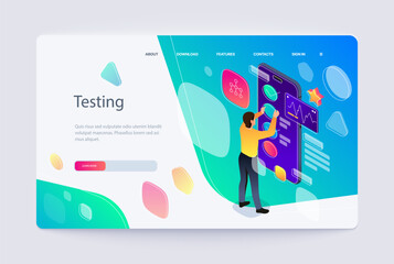 Person interacting with a large smartphone interface, modern isometric vector illustration on a white and blue background, concept of app development