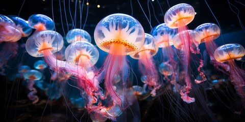 Poster - Colorful jellyfish floating in the dark