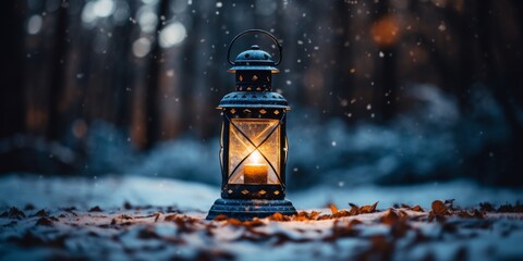 Canvas Print - Glowing lantern in snowy winter forest