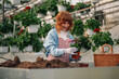 Smiling female horticulturist at hothouse planting flowers in pot.