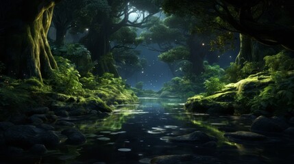 Sticker - Enchanted forest landscape with glowing fireflies