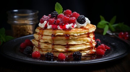 Wall Mural - Delicious stack of pancakes with fresh berries and whipped cream