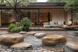 Serene courtyard garden in Kyoto, Japan with minimalist design featuring water elements and muted earth tones, enhanced by light rain and natural textures.