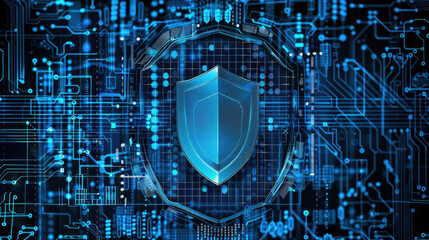 Wall Mural - cyber shield in abstract blue digital space, dark data background, secure information. theme of lock