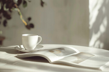 Wall Mural - a blank magazine spread and coffee cup, perfect for presenting editorial designs for publishers and magazines 