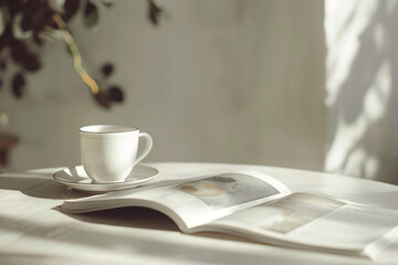 Poster - a blank magazine spread and coffee cup, perfect for presenting editorial designs for publishers and magazines 