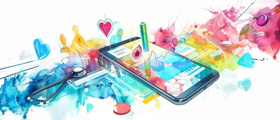 A futuristic painting of a digital health app demonstrates technologys impact on personal wellness, illustrated on an isolated white background
