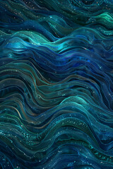  A mystical confluence of midnight blue and glowing emerald waves, weaving together in a magical pattern that evokes the enigmatic depths of an enchanted forest.
