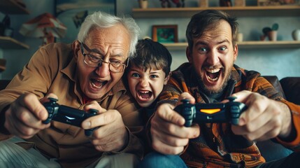 Wall Mural - Three generations: grandfather, father and son having fun playing video game. Family fun concept