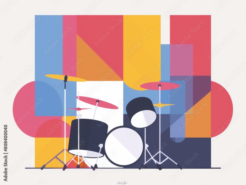 Stylized vector illustration of a drum kit with vibrant shaped lines ...
