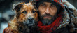 portrait of homeless man with loyal dog in snowy weather