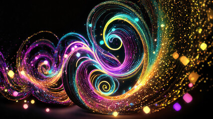 Wall Mural - glowing neon rainbow spirals and twirls with sparkles and bokeh