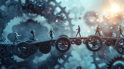 3D render of a business bridge made of gears and cogs, with people crossing it, representing industry success and teamwork