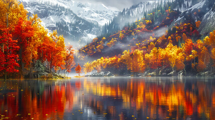 Wall Mural - Misty Autumn Lake Scene, Reflective Water Amidst Colorful Forest Foliage