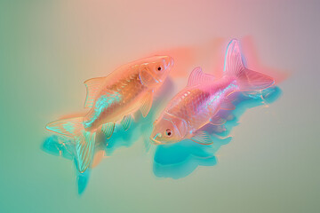 Two pastel fish on a bright background.Summer minimal concept