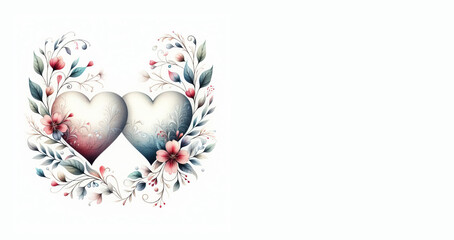 A couple of floral design hearts isolated on a white background - Watercolor illustration of two hearts together in a romanticism concept