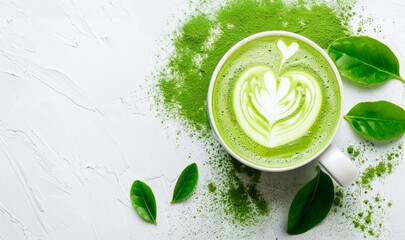 Matcha green tea latte with art foam, heart design, and fresh Matcha powder and leaves, isolated on white background