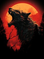Wall Mural - Werewolf's Howl Against Red Moon