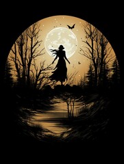 Full Moon Silhouette of Witch's Flight