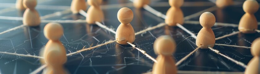 Global communication with wooden figures symbolizing teamwork in social networking.