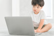 家でパソコンを使う日本人の男の子（子供）
