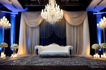 Wall Mural - A blue and white room with a white couch and a chandelier