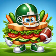 illustration of salad sandwich character dressed as an american football player