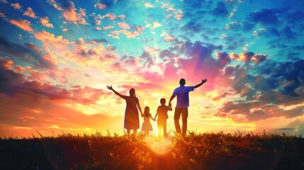 Wall Mural - Silhouette of Family walking in the sunset