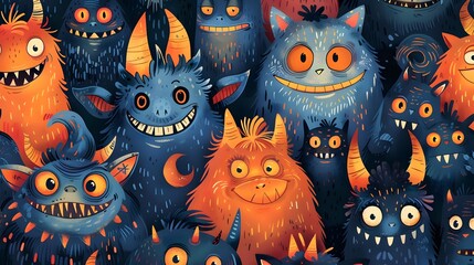 A playful pattern featuring friendly monsters in various shapes and sizes. Some have horns, others with fluffy tails