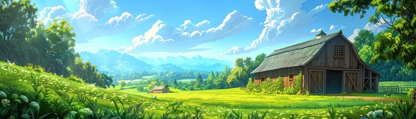 The cartoon farm picture features a barn surrounded by vibrant green vegetation