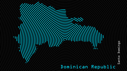 Wall Mural - A map of Dominican Republic, with a dark background and the country's outline in the shape of a colored spiral, centered around the capital. A simple sketch of the country.