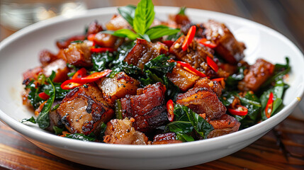 Canvas Print - Mouthwatering Thai Delicacy: Crispy pork belly stir-fried with fragrant basil, a culinary masterpiece.