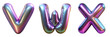 Letters V, W, X. Metallic Silver Alphabet with Neon Fluorescent Purple.