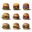 Cheeseburger Fast Food Burger Sandwich Video Game Assets Pixel Art Pack, Retro Pixelated Gaming Sprites Set, White Background, Isolated Platformer Objects Environmental Elements
