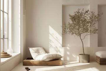 Tranquil reading corner with minimalist design and a focus on natural materials