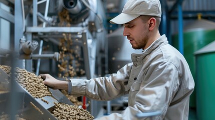 staff Quality Inspector at animal feed, check Hardness of food pellets Exit the pellet machine.