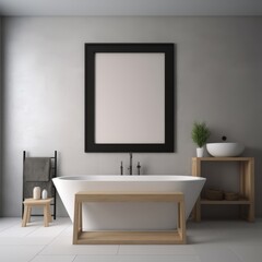 Wall Mural - Black framed blank picture frame with bathtub grey wall and floor