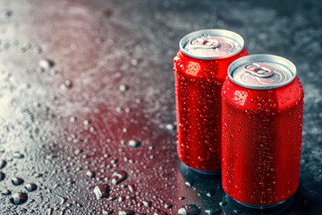 Cold red blank soda cans with water drops, shiny wet aluminum drinks, carbonated beverage