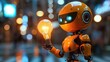 An adorable little robot, orange in color, holding a lightbulb.