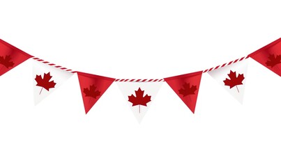 Fototapete - Canada Day decoration, flag of Canada, string of triangular flags for outdoor party, red maple leaf, pennant, on white background