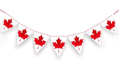 Fototapete - Canada Day decoration, flag of Canada, string of triangular flags for outdoor party, red maple leaf, pennant, on white background