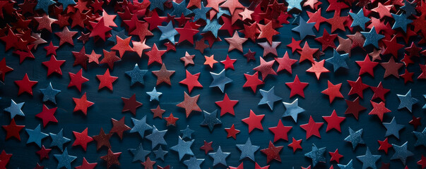 Wall Mural - Red and blue star-shaped confetti on a dark blue background