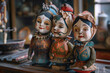 Antique Hand Painted Dolls Colorful, in Traditional Costumes Displayed on Shelf