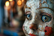 Close-Up of Antique Puppet Doll Face with Cracked Paint and Vivid Eyes in Mysterious Light